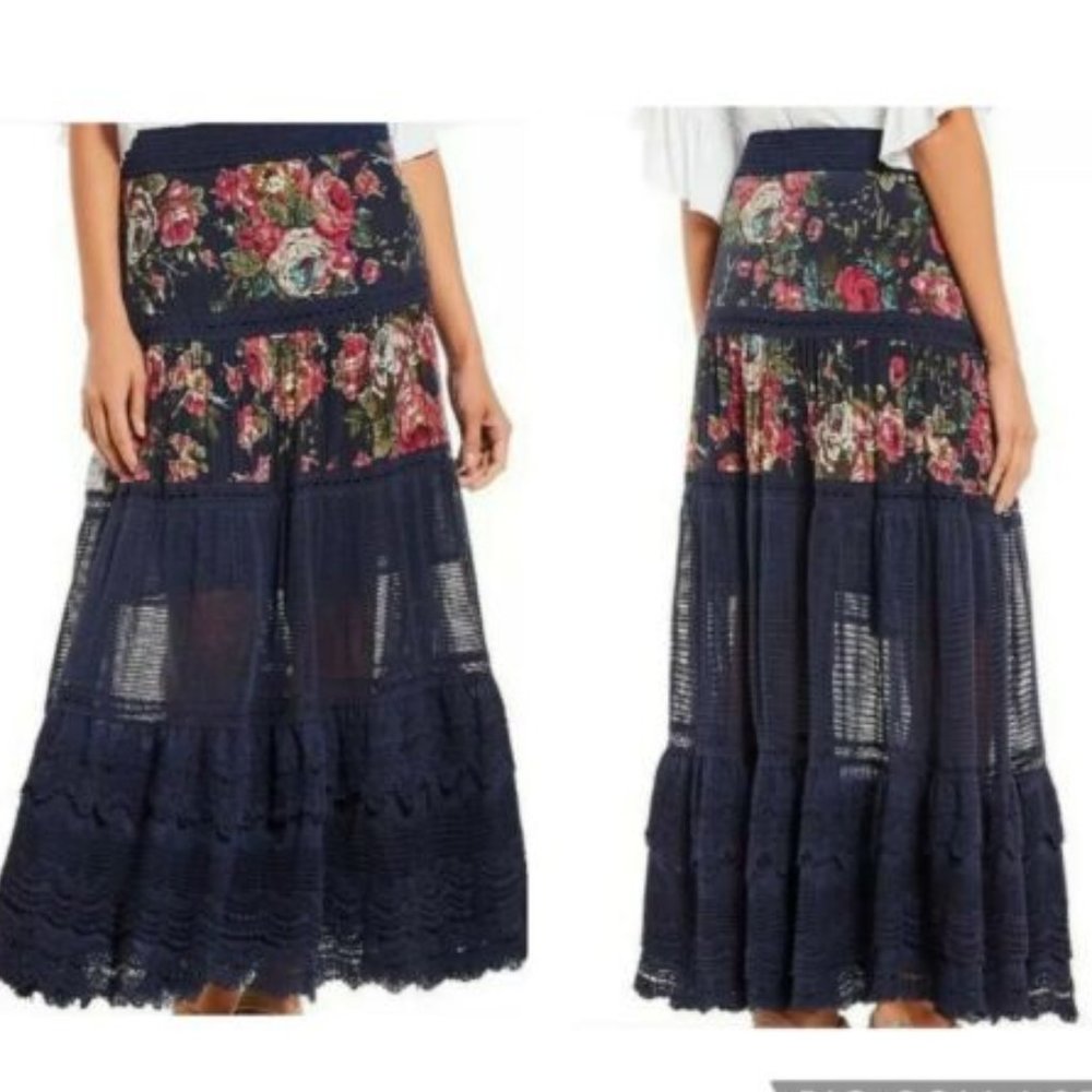 NWT ARATTA Long Tired Bohemian  Floral Lace Skirt Size M